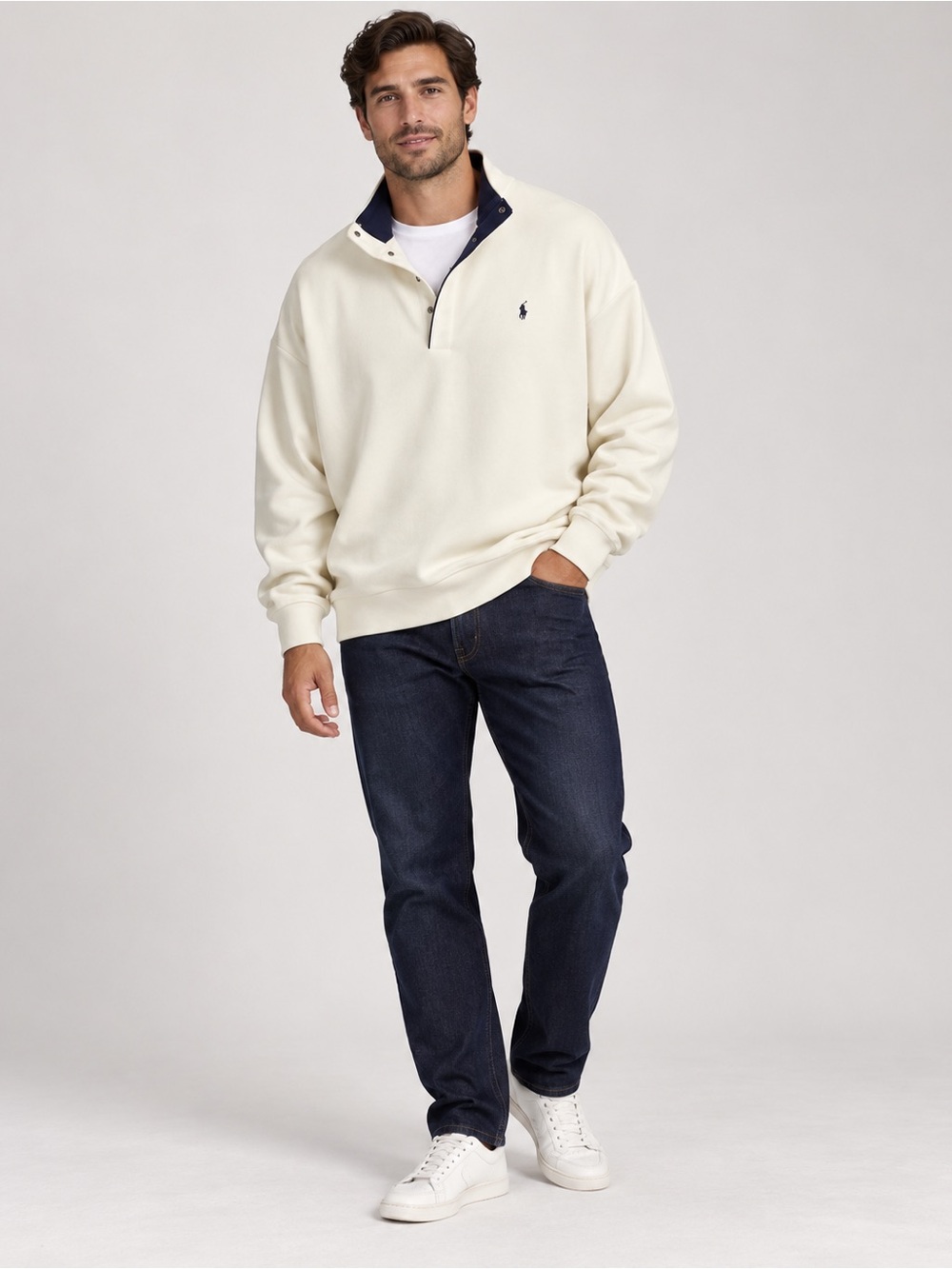 Polo Ralph Lauren 3XLT Cream Quarter Snap Pullover Navy Trim Big & Tall